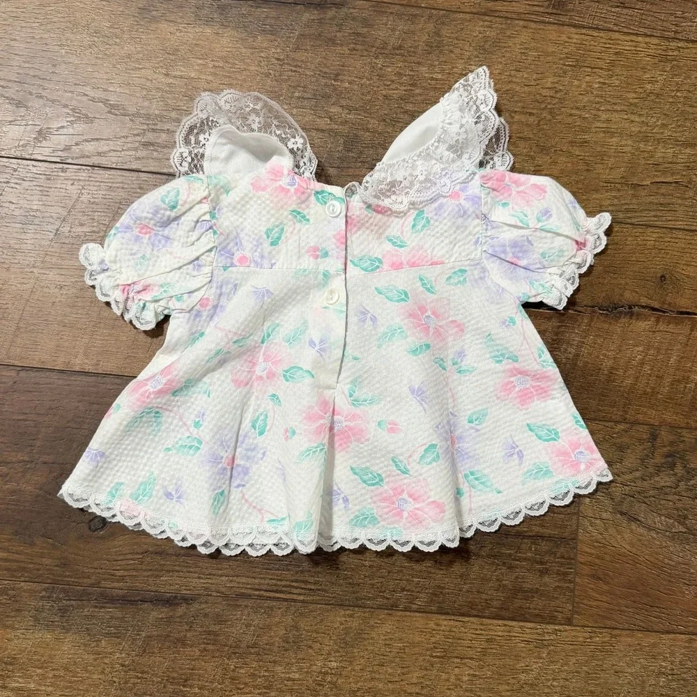 Kidz-Sational Vintage Floral Seersucker Baby Top Lace‎ Trim Pink Purple 1330